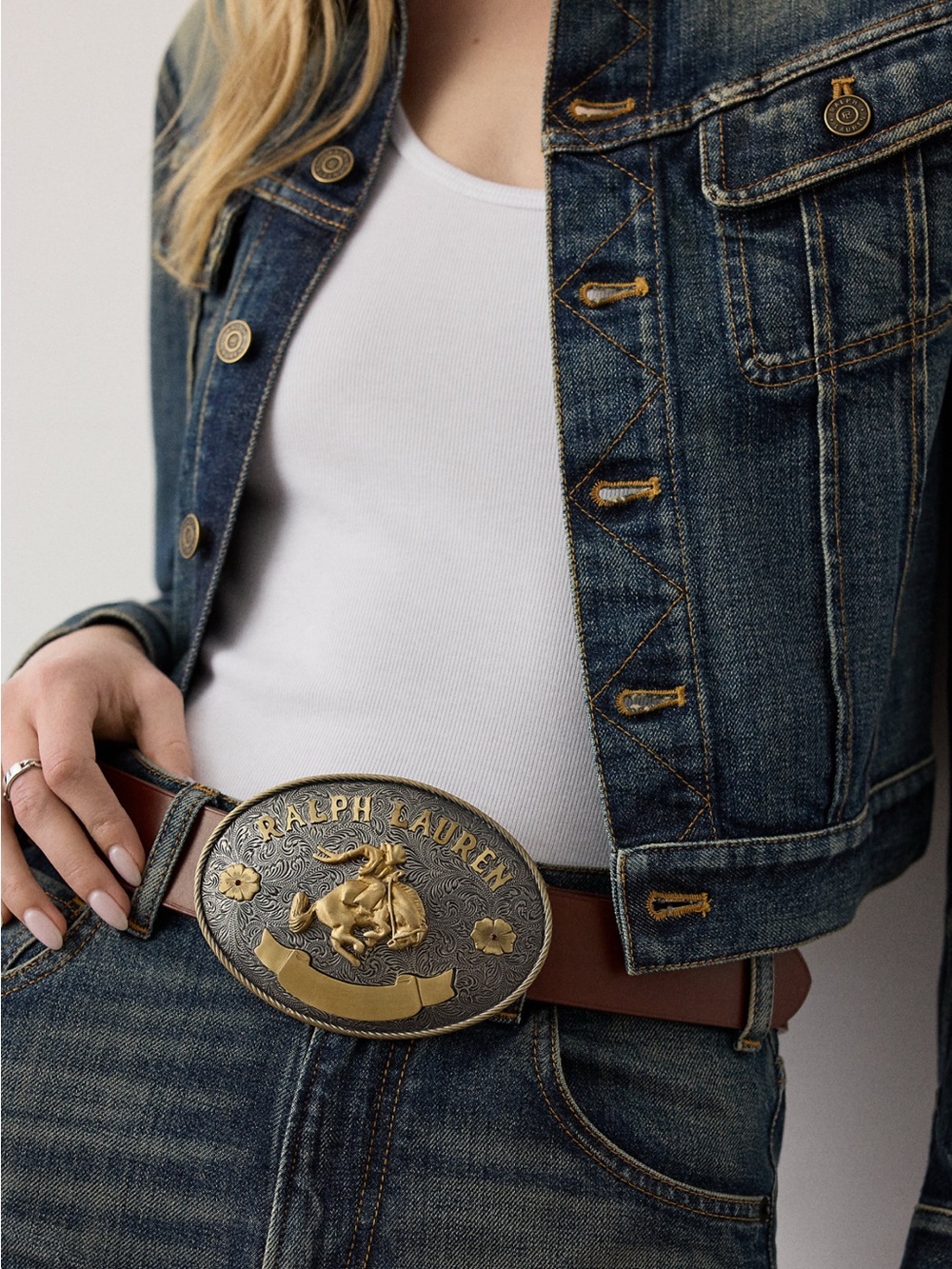 Ralph Lauren Rodeo-Buckle Vachetta Leather Wide Belt - Picture 1 of 9